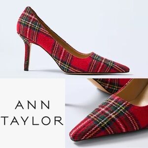 ANN TAYLOR PLAID NIP TOE PUMPS RED TARTAN STILETTO HEELS SIZE 11 HOLIDAY CLASSIC